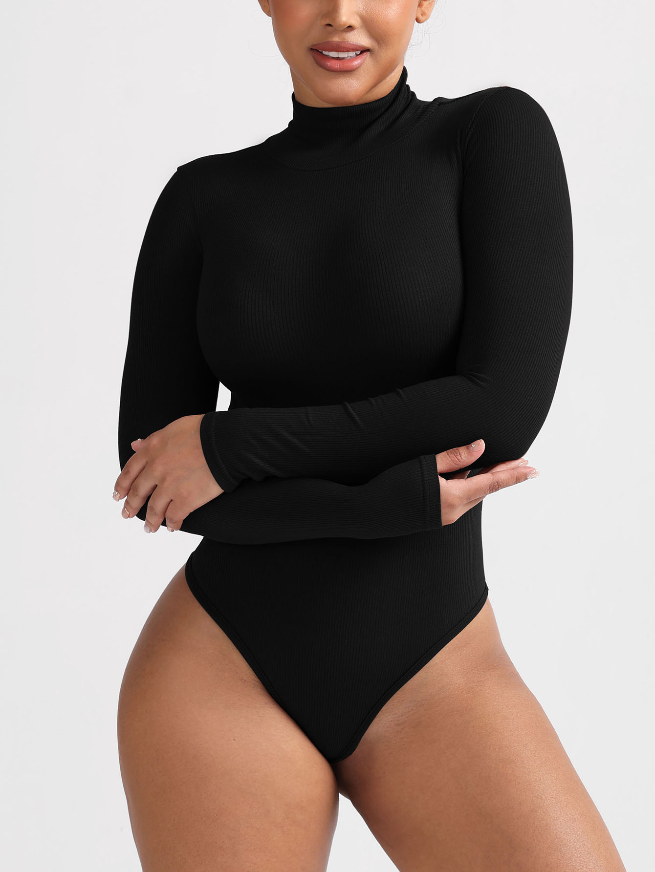 Womens Turtleneck Thong Bodysuit Warm Bodycon High Waist Romper Body Shapewear